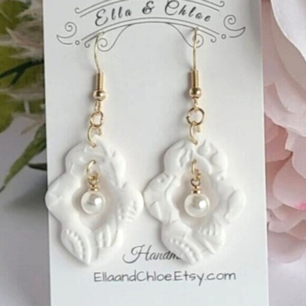 White Embossed Gold Plated Pearl Drop Lightweight Summer Bridal Dangle Earrings
